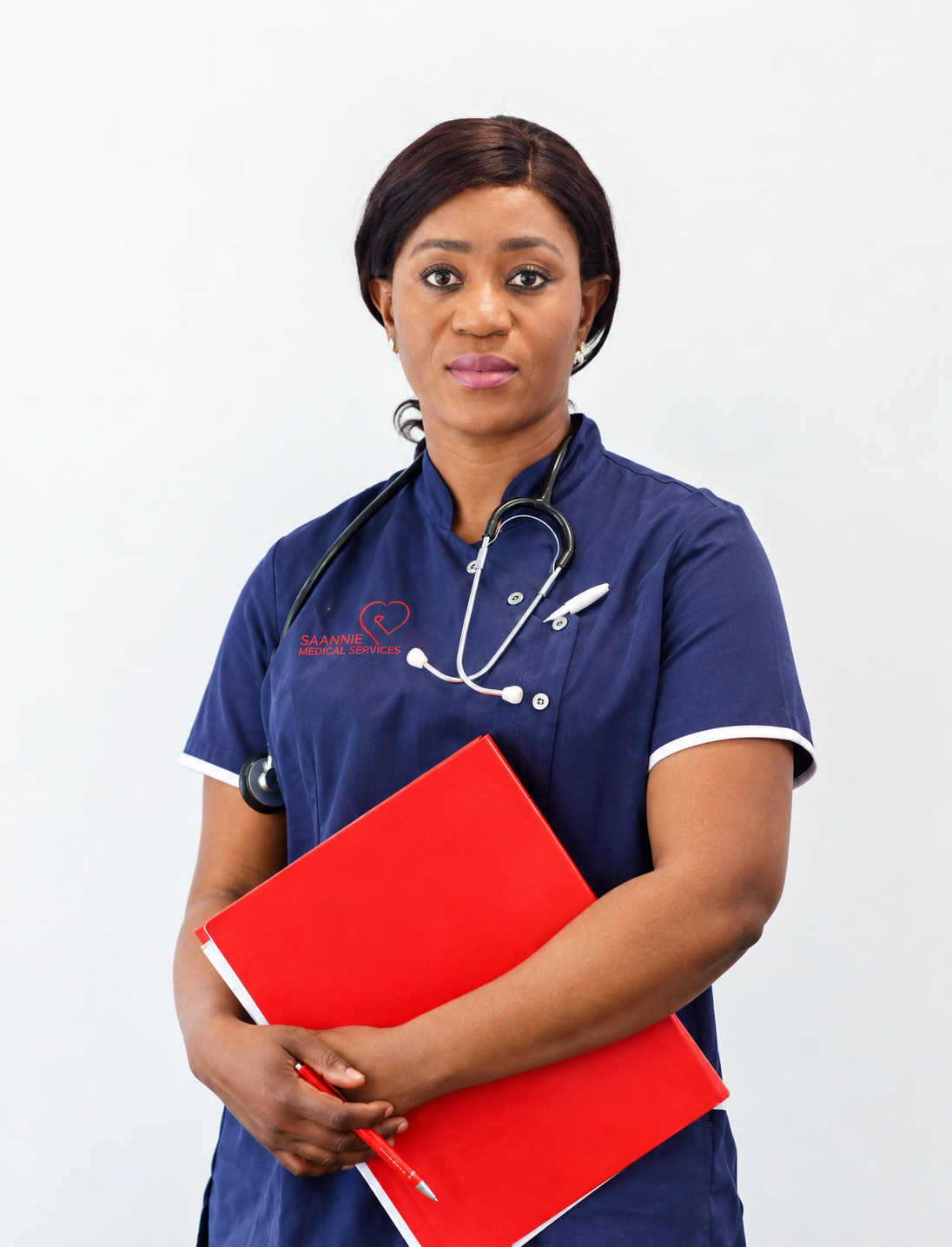 Saannie nursing staff member in navy scrubs with a stethoscope
